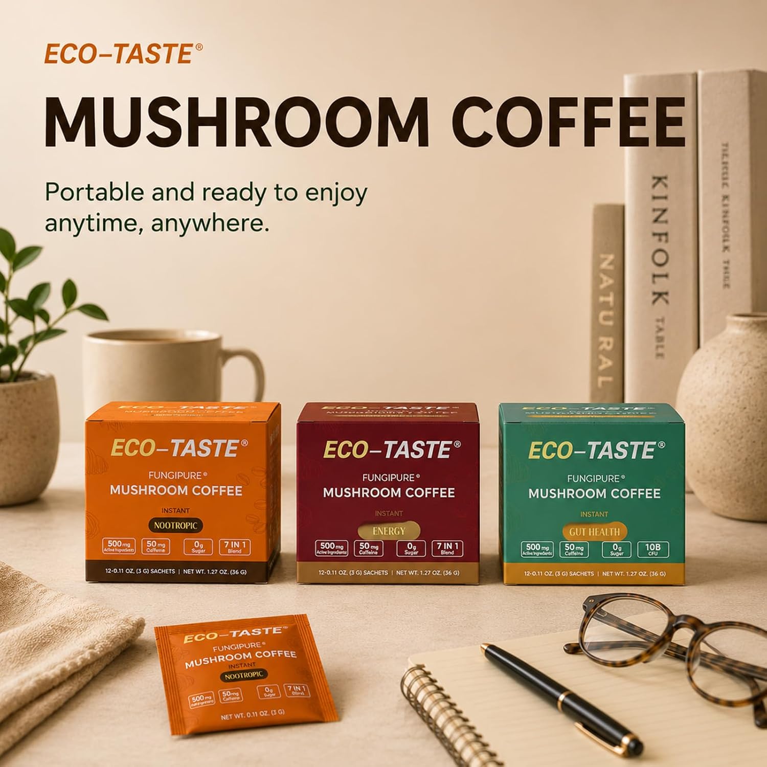 ECO-TASTE Mushroom Coffee Mix for Focus, 12 Sachets