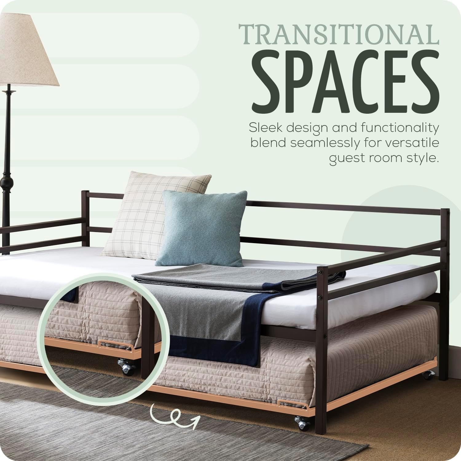 2K Furniture Designs - Twin Size Black Metal Roll Out Trundle Bed Frame for Daybed | Space-Saving Guest Bed - Slides Under Daybeds for Overnight Visitors, Dorms, and Small Spaces