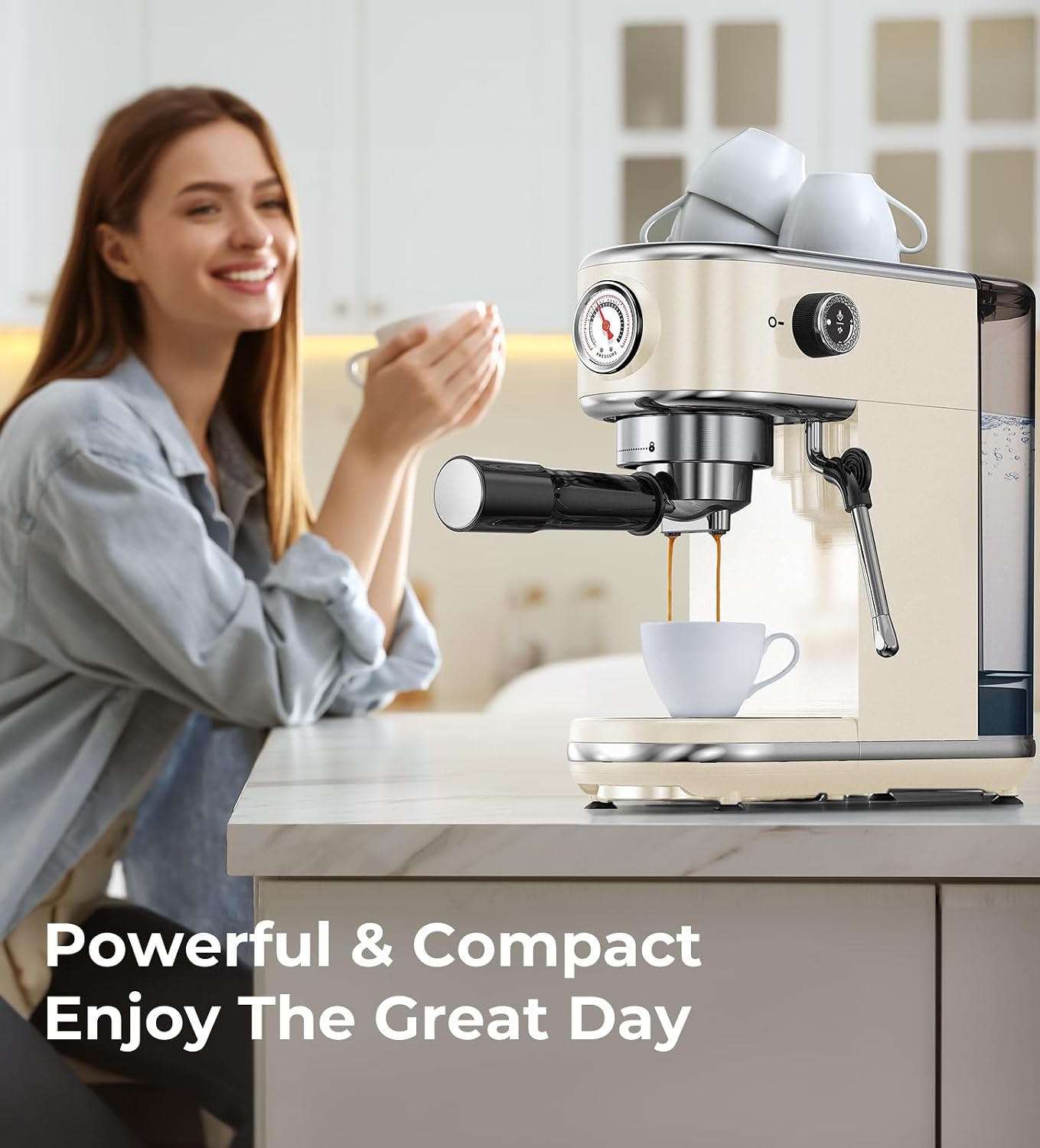 atatix 20 Bar Espresso Machine with Milk Frother, Compact Espresso Maker | Stainless Steel Coffee Machine with Precise Temp Control, 44oz Removable Water Tank for Latte, Cappuccino, White