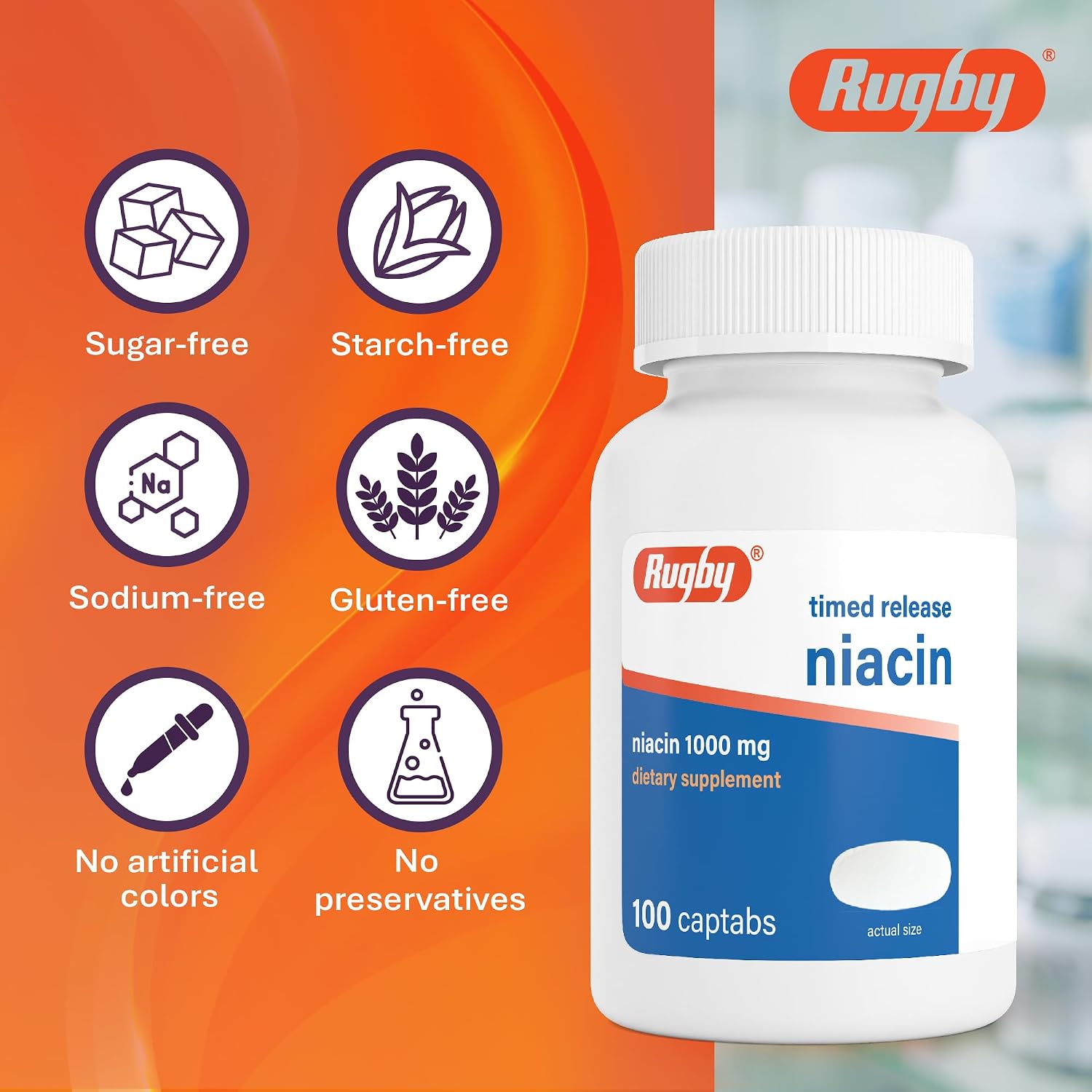 Rugby Timed-Release Niacin 1000mg Captabs for Adults, 100 Count (1-Pack) | Dietary Supplement for Energy, Circulation and Metabolism Support, Controlled Release to Help Minimize Flushing