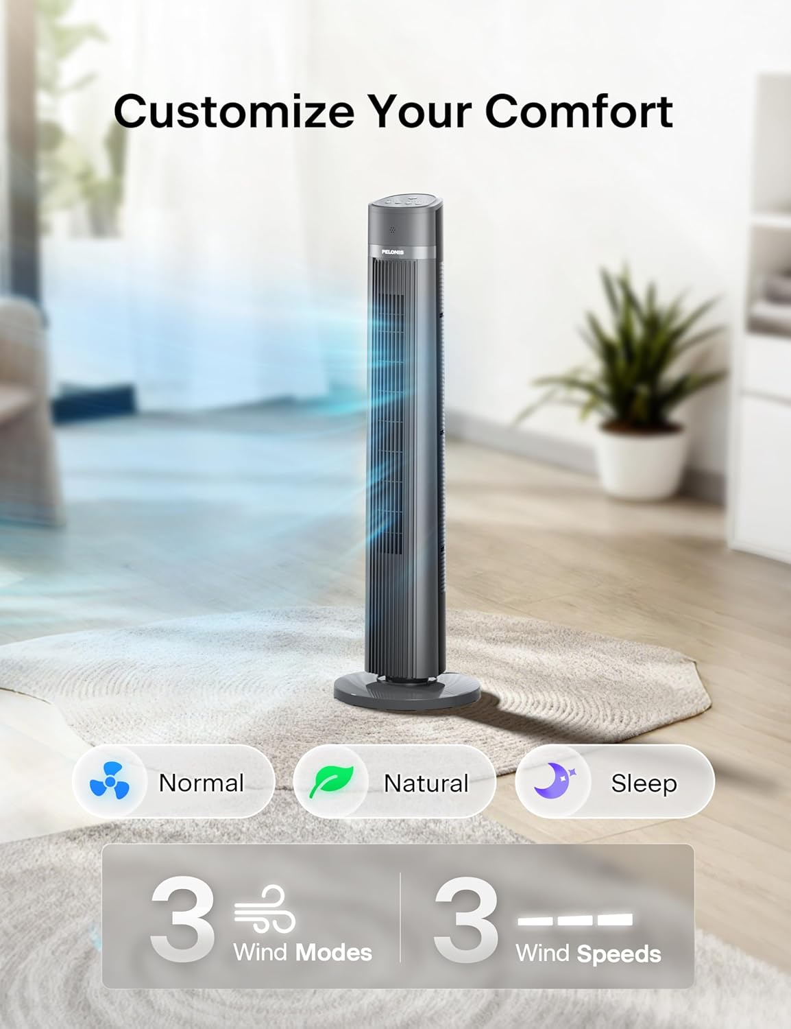 PELONIS 40-inch Bladeless Tower Fan for Bedroom, Standing Fan with Remote Control, 26ft/s, 90° Oscillation, 3 Speed Settings, 27 dB, 3 Modes