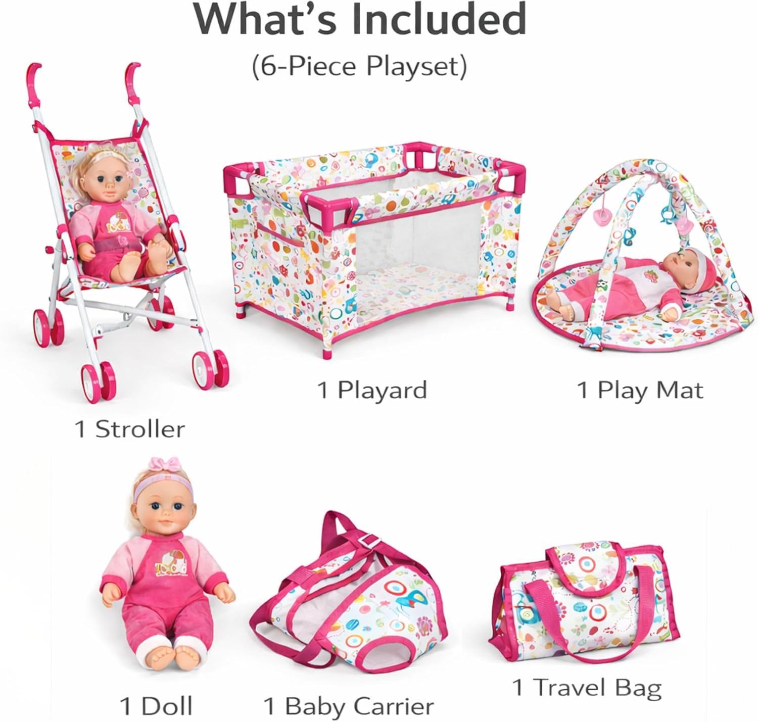 Liberty Imports 5-in-1 Baby Doll Stroller Playset with Doll Included, Foldable Stroller, Playard Playpen, Activity Play Mat, Baby Carrier & Travel Bag