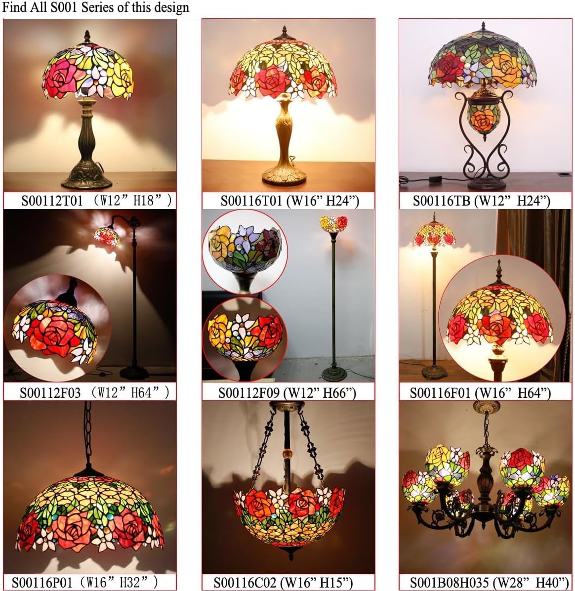WERFACTORY Tiffany Floor Lamp Red Rose Flower Stained Glass Light Torchiere | 10X10X71 Inches Pole Standing Corner Torch Uplight Decor Bedroom