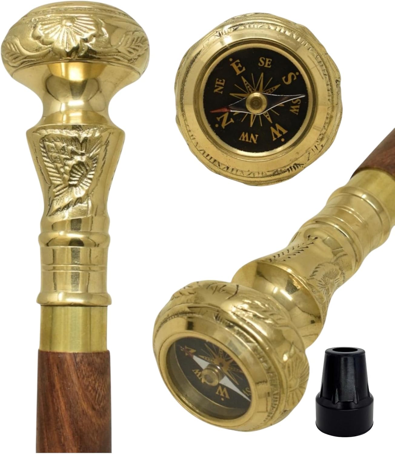 FYNJREX Travelers Compass Gentleman's Walking Stick, Fancy Cane for Women, Brass Handle and Hardwood Cane, Fold able Wooden Canes, Gift Idea