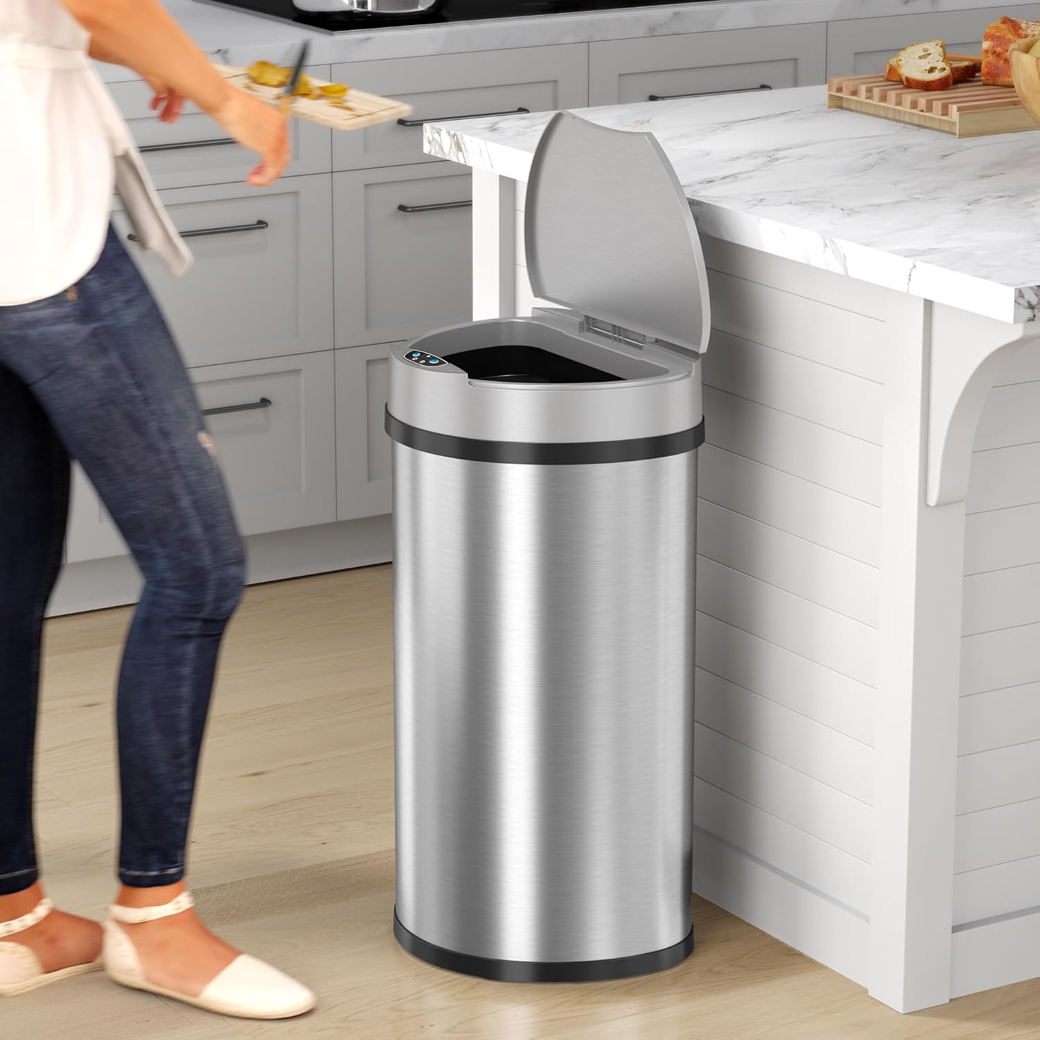 iTouchless 50 Liter / 13 Gallon Kitchen Trash Can with Lid & Deodorizer – Motion Sensor Semi-Round Stainless Steel Garbage Bin for Home, Office, or Garage – Slim, Wide Opening Large Capacity Design