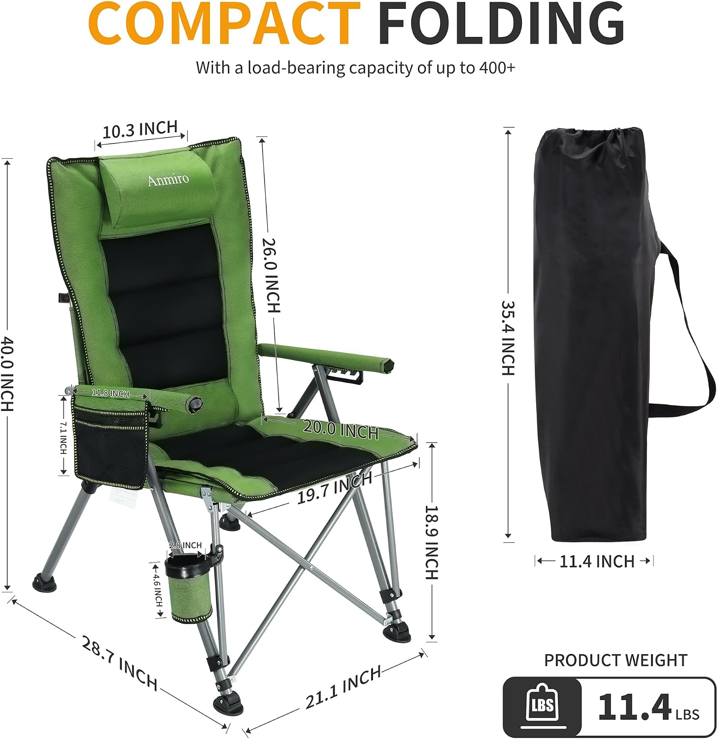 Adjustable Back Folding Camping Chair for Camp, Picnic, Lawn, Fishing | Adjustable Back; Weight Capacity 400 LBS;Hard Arm Portable Chair;Cup Holder;Storage Bag;carrying bag