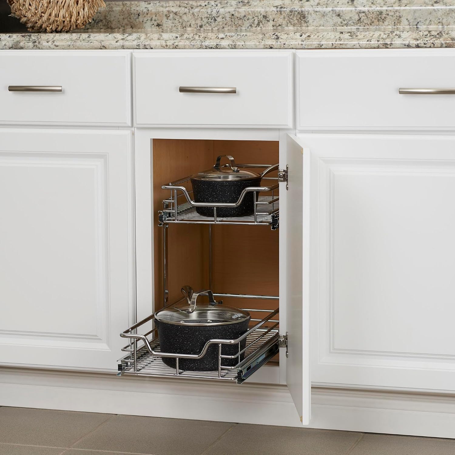 Household Essentials Glidez 2‑Tier Multipurpose Chrome‑Plated Steel Pull‑Out/Slide‑Out Under Cabinet Organizer, Chrome Finish