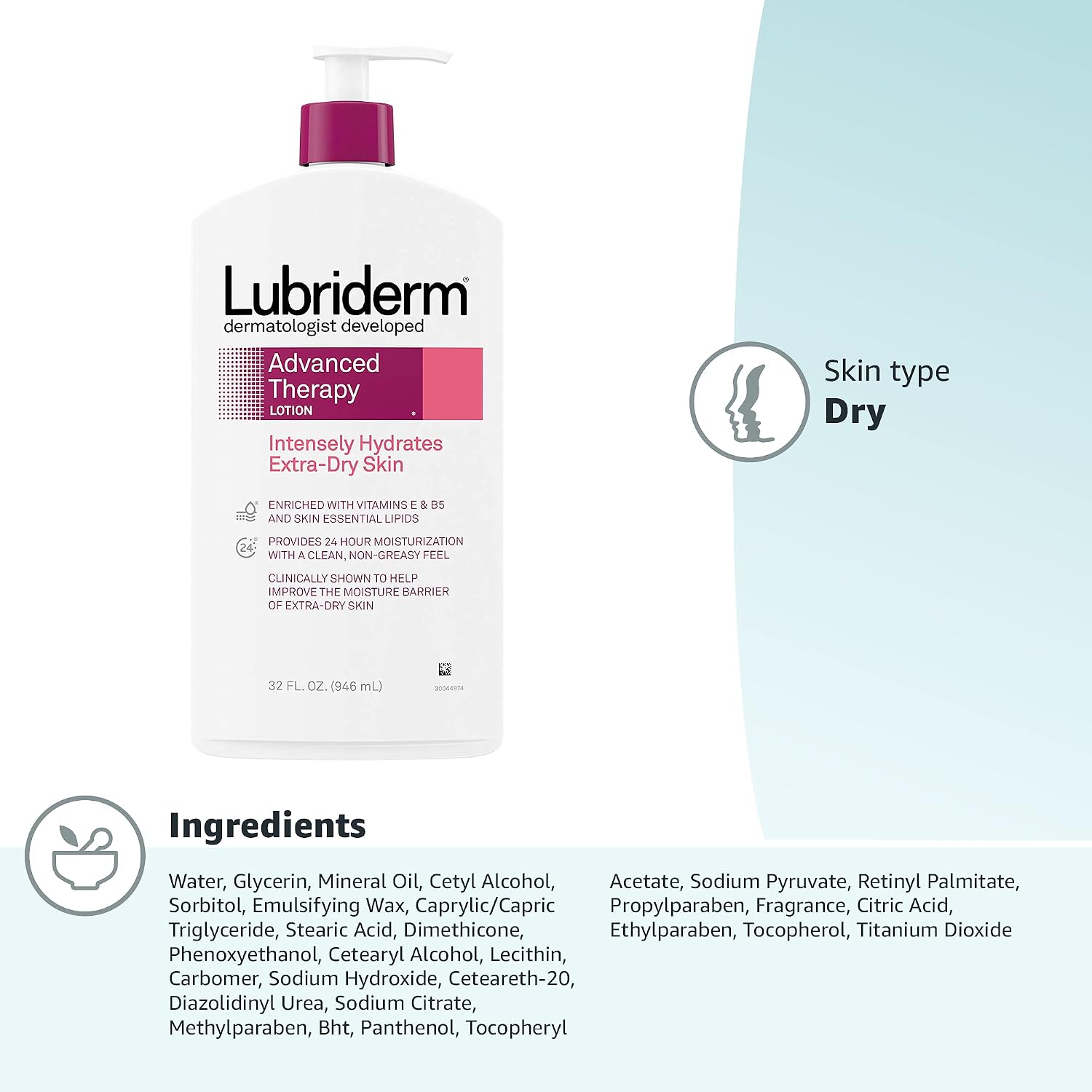 Lubriderm Advanced Therapy Hand & Body Lotion, Fragrance Free, 32 fl. oz