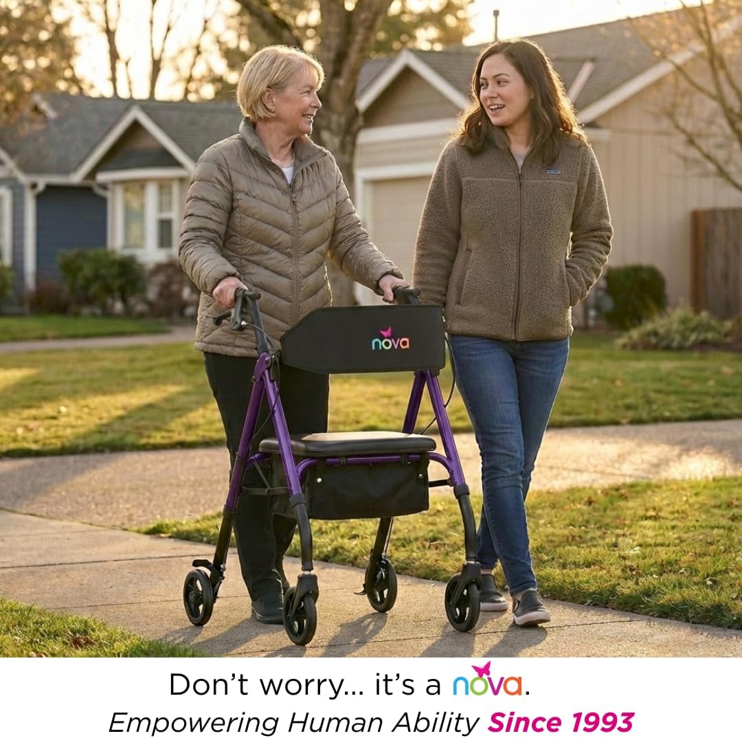 NOVA Star 6 Foldable Rollator Walker for Seniors, Wide Padded Backrest with Seat, 6” All-Terrain Wheels, Easy-Grip Locking Hand Brakes, Height Adjustable, Blue
