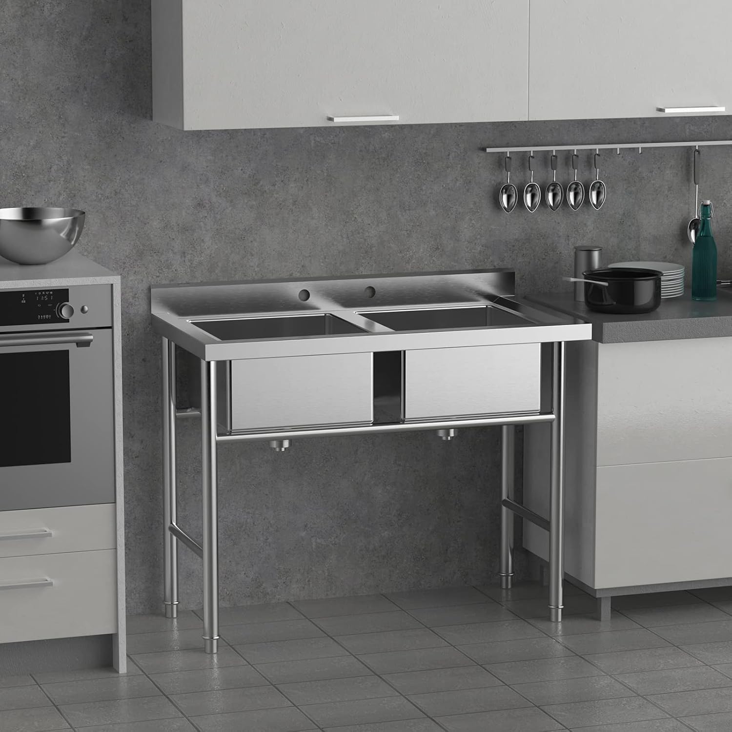 Bonnlo Commercial 304 Stainless Steel Sink 2 Compartment Free Standing Utility Sink for Garage, Restaurant, Kitchen, Laundry Room, Outdoor