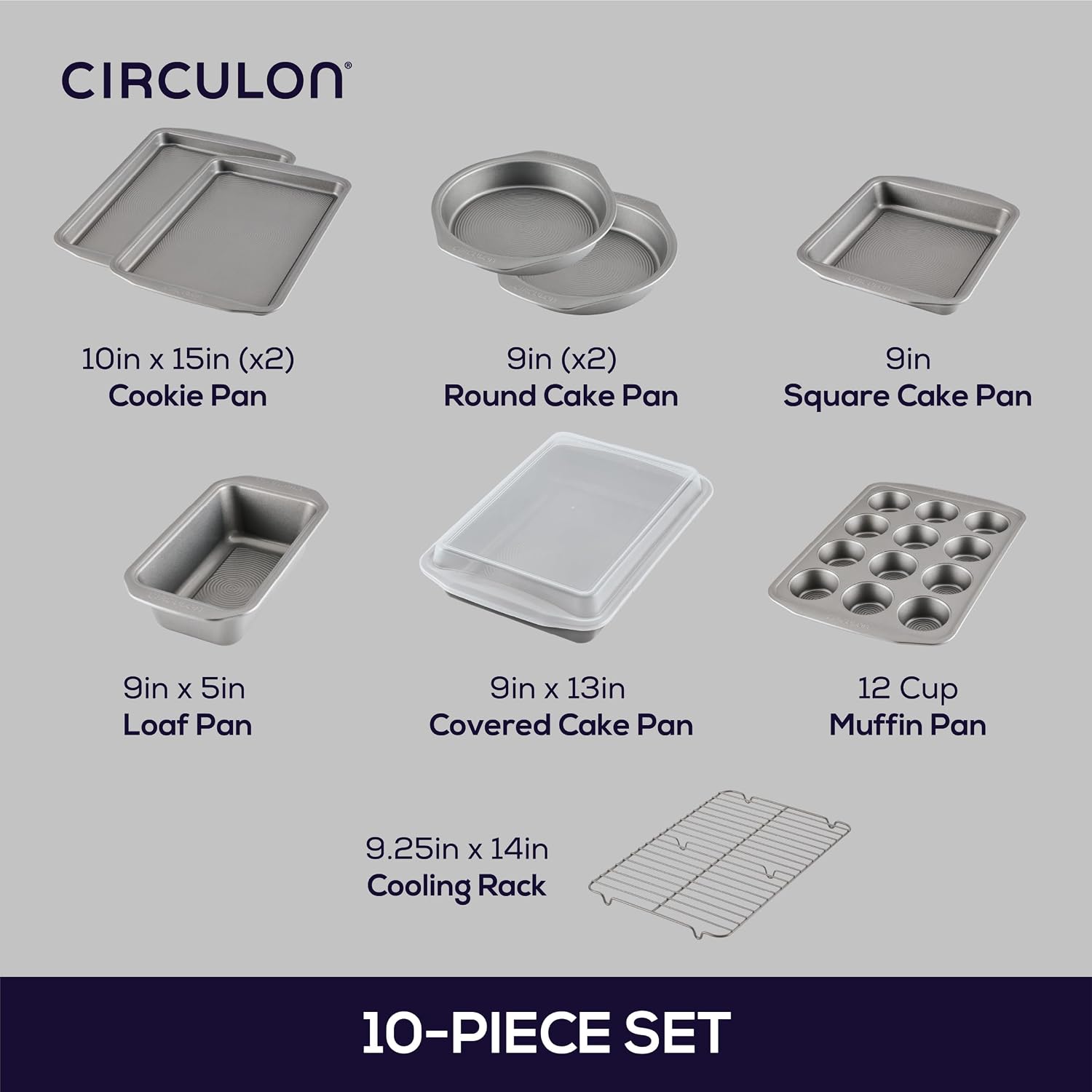 Circulon Nonstick Bakeware Set with Nonstick Cookie Sheet, Bread Pan, Bakings Pan and Cake Pans - 5 Piece, Chocolate Brown