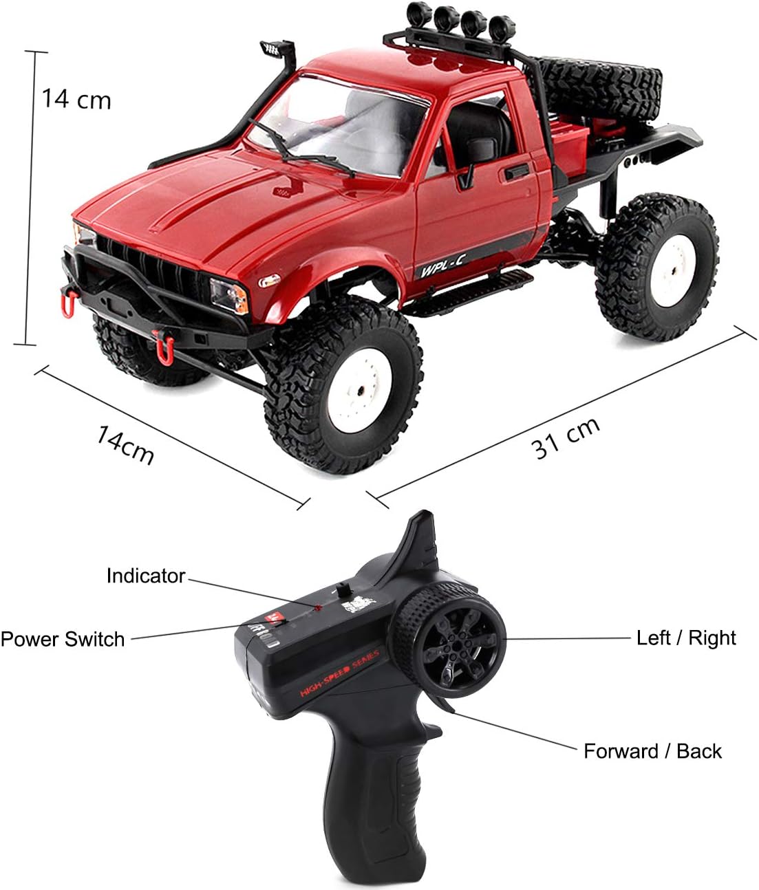 RC Crawler Offroad RC Truck WPL C14 RC Rock Crawler 1/16 Scale 4x4 Waterproof Remote Control Trucks with LED Lights