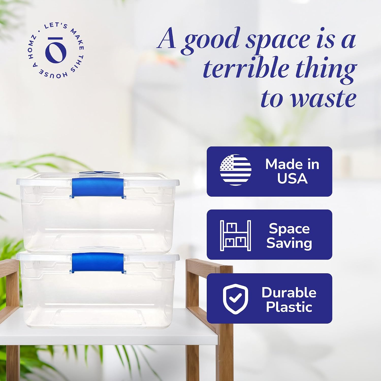 HOMZ Clear Plastic Storage Bins with Latching Lid, 15.5 Qt, Blue, 4 Pack | Stackable Container Set for Home, Office Shelves, Kitchen, Garage, and Bathroom Organization