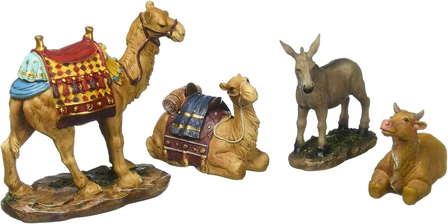 Three Kings Gifts Nativity Animals Set, 4-Piece Polystone Standing and Sitting Camels, Donkey, and Ox Figures, Flat Bottom Base Collectibles for 14-Inch Scale Nativity Scene