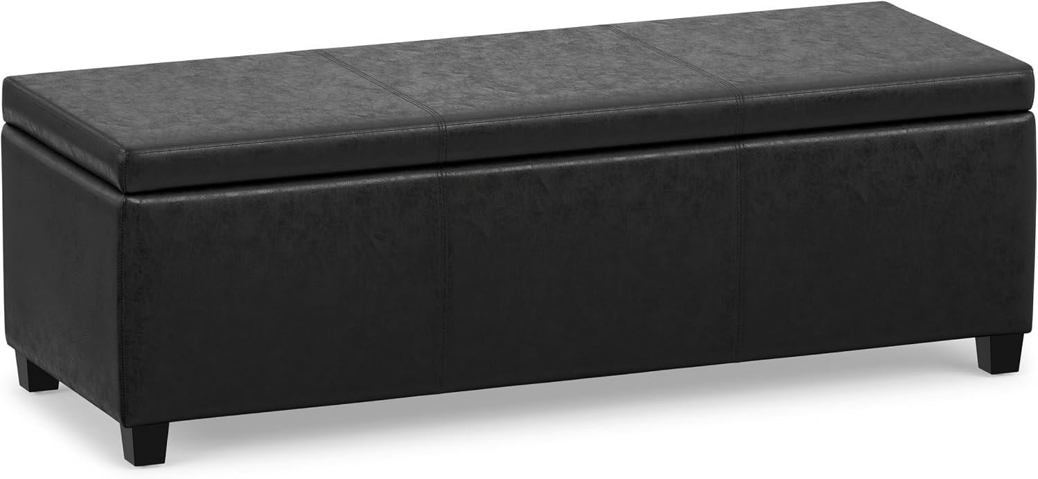SIMPLIHOME Avalon 48" Wide Vegan Leather Storage Ottoman in Brown
