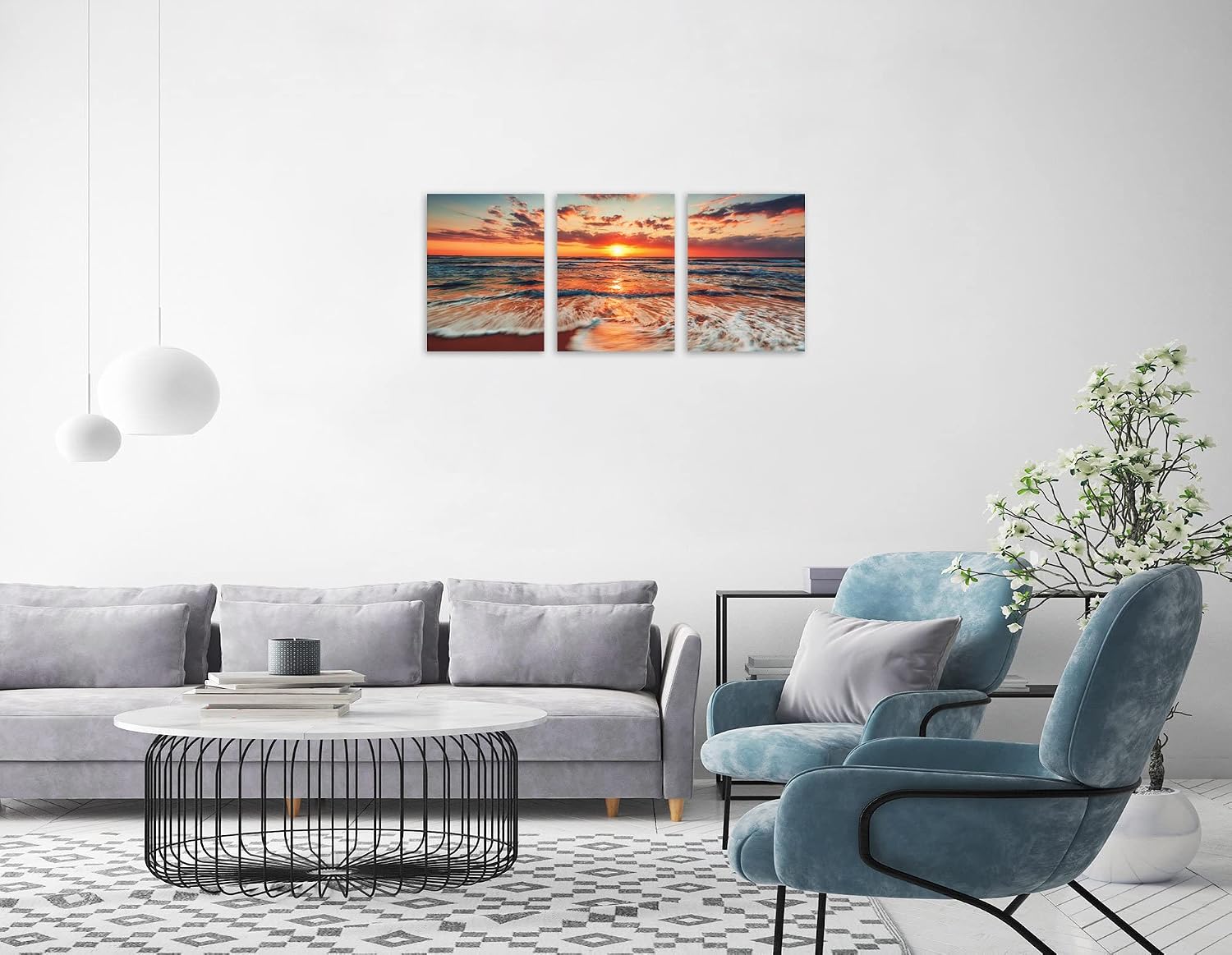 TutuBeer 3 Panel Beach Canvas Wall Art for Home Decor Blue Sea Sunset White Beach Painting the Picture Print on Canvas Seascape the Pictures for Home Decor Decoration,Ready to Hang