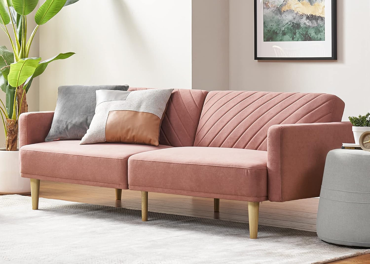 mopio 76.4" Futon Sofa Bed Chevron Styled, Sleeper Couch (Old Rosa Velvet)