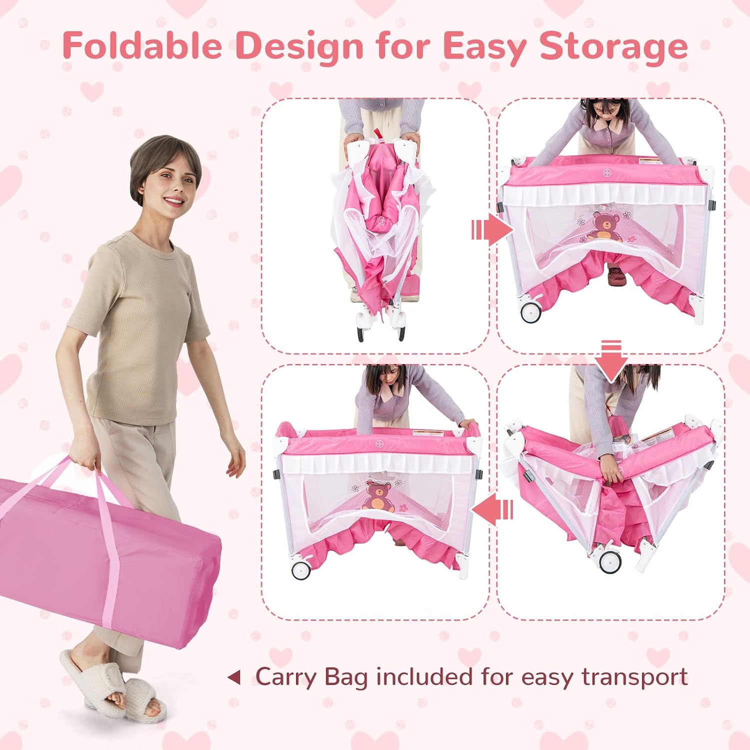 HONEY JOY 4-in-1 Pack and Play with Canopy, Portable Baby Playard w/Changing Table and Infant Bassinet Cute Toys & Music