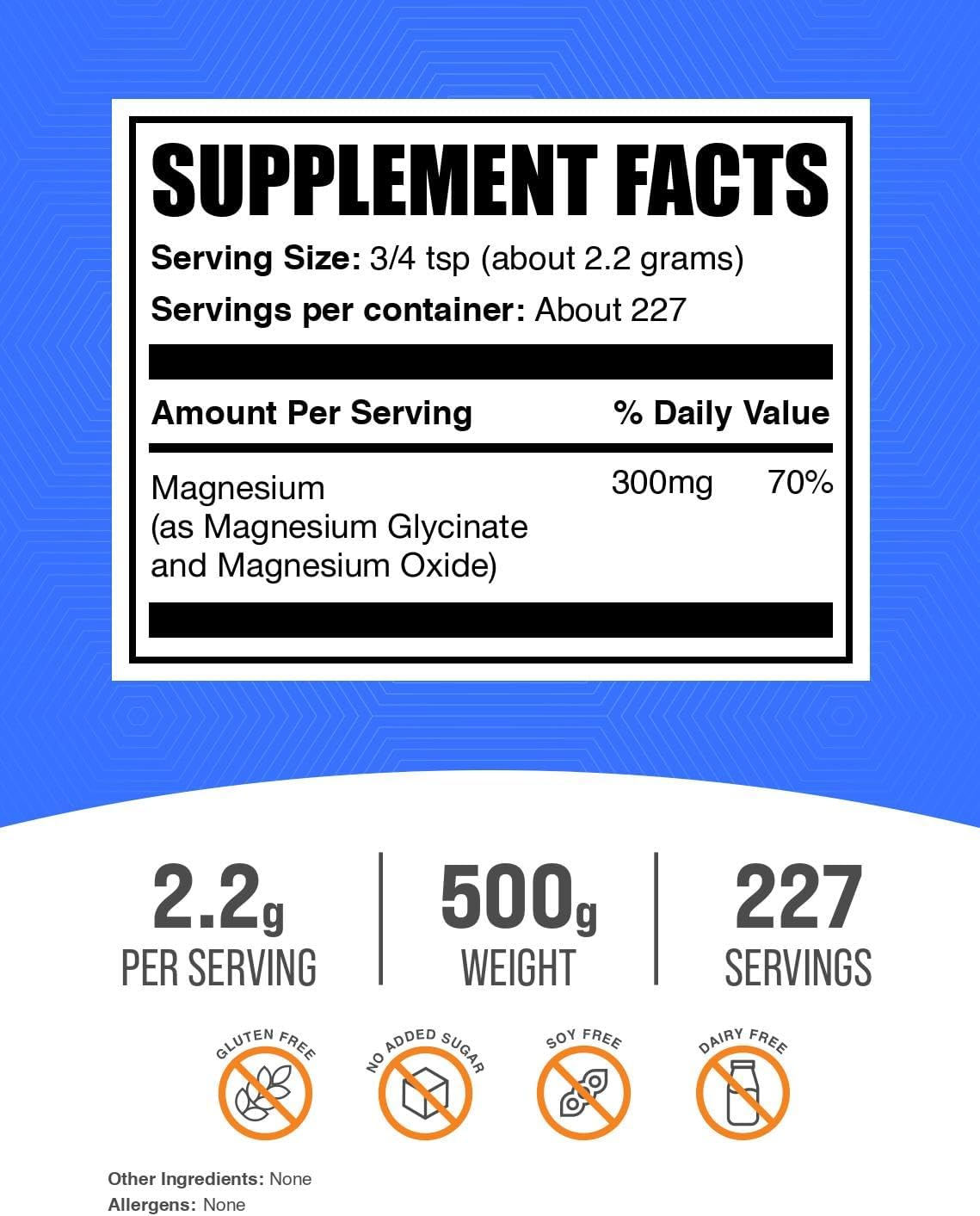 BulkSupplements.com Magnesium Glycinate Powder - Magnesium Glycinate 300mg, Highly Absorbable - Gluten Free, 2.2g per Serving, 500g (1.1 lbs) (Pack of 1)