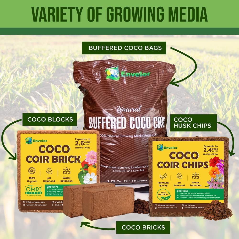 Envelor Organic Coco Coir Brick 10 Lbs. Coir Block Coconut Fiber Growing Medium Potting Soil Mix Coco Peat Media Coir Pith Indoor Outdoor Planters Vegetable Garden Beds