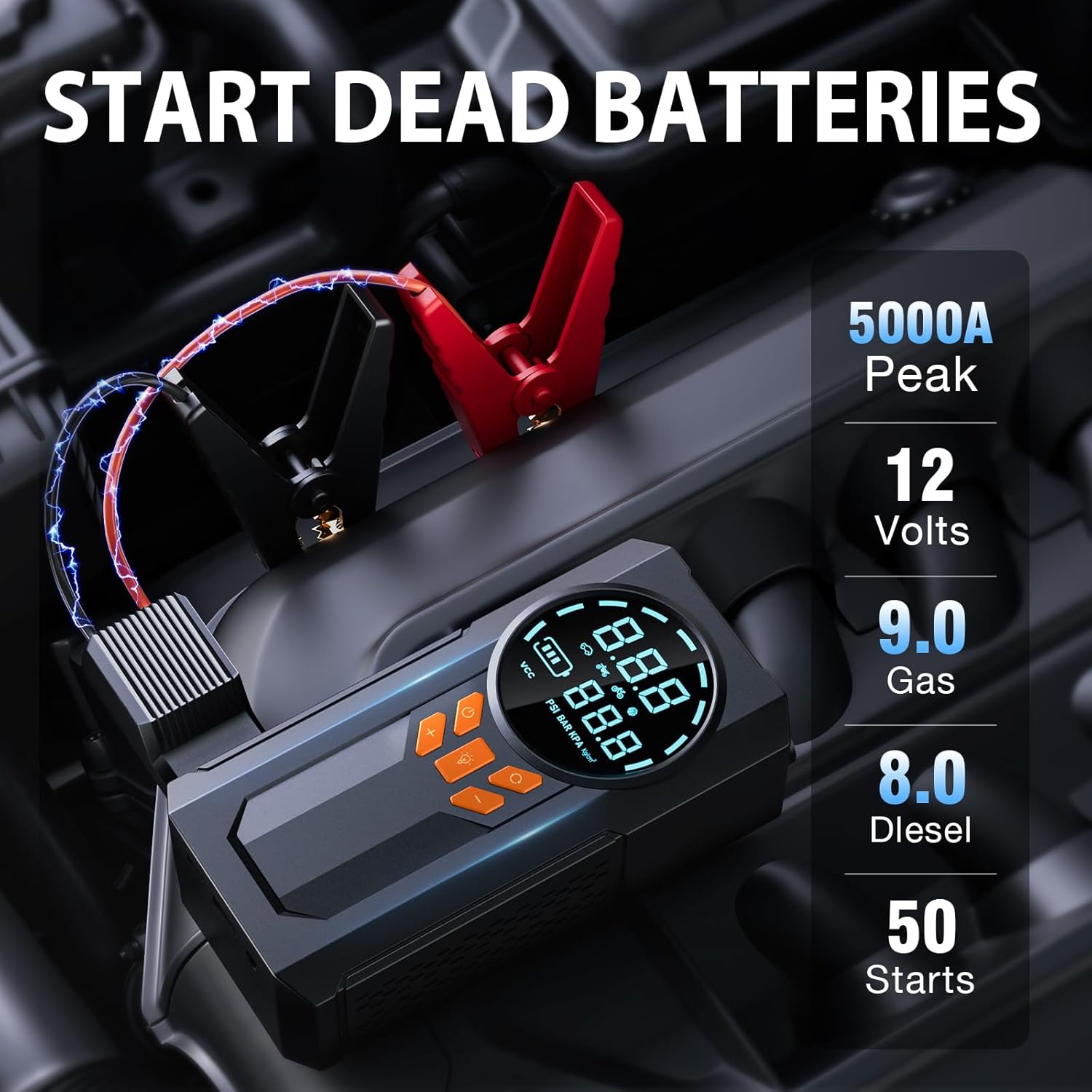 Jump Starter with Air Compressor, 5000A 160PSI Battery Jumper Starter Portable (9.0 Gas/8.0L Diesel)