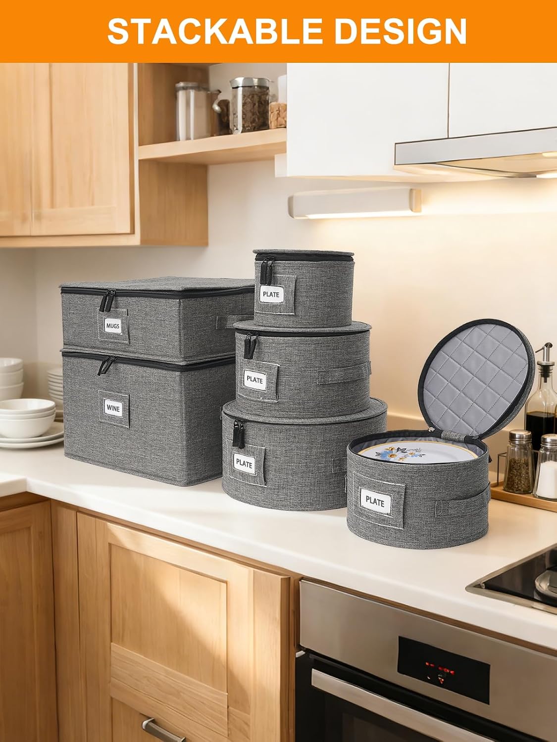 China Storage Containers, 4-Pack Hard Shell Plate & Dish Cases for Moving | Padded dividers and quilted lining protect plates and dishes; stackable for moving and holiday storage, beige hold set of 12