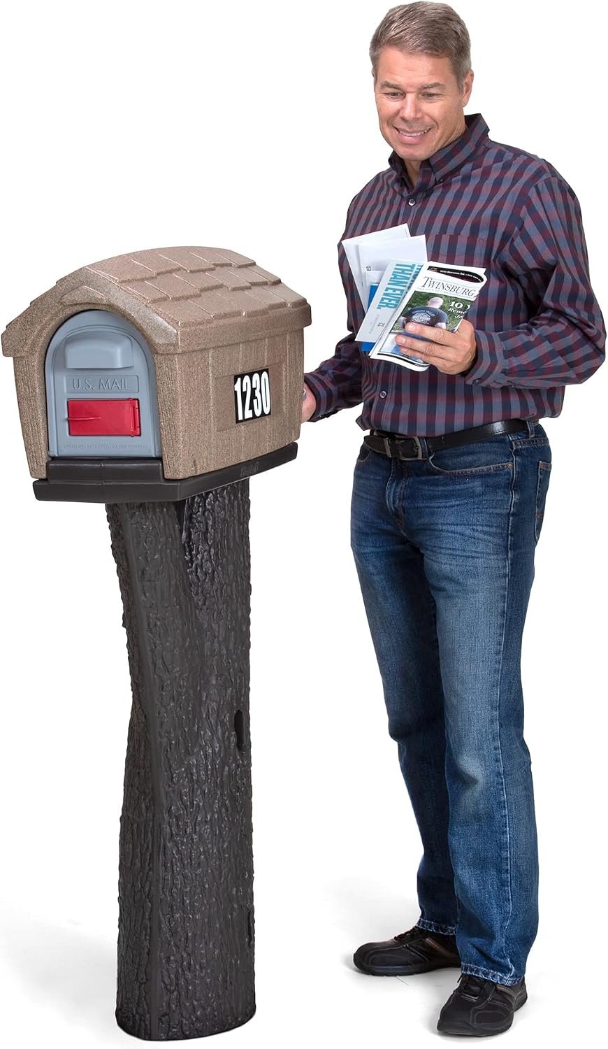 Simplay3 Rustic Home Plastic Residential Cabin Mailbox & Post Mount Combo Kit with 2 Access Doors - Sandstone, Made in USA