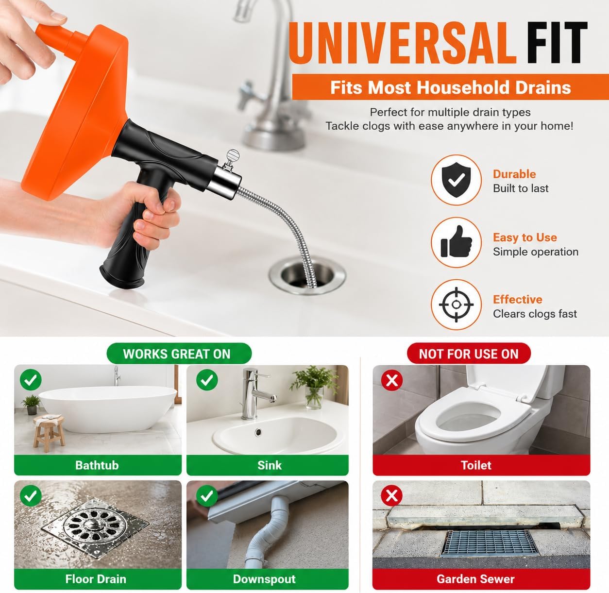 33 Feet Drain Snake Auger, Plumbing Snake Drain Hair Clog Removal Tool, Sink Unclogger Drain, Heavy Duty Drum Auger