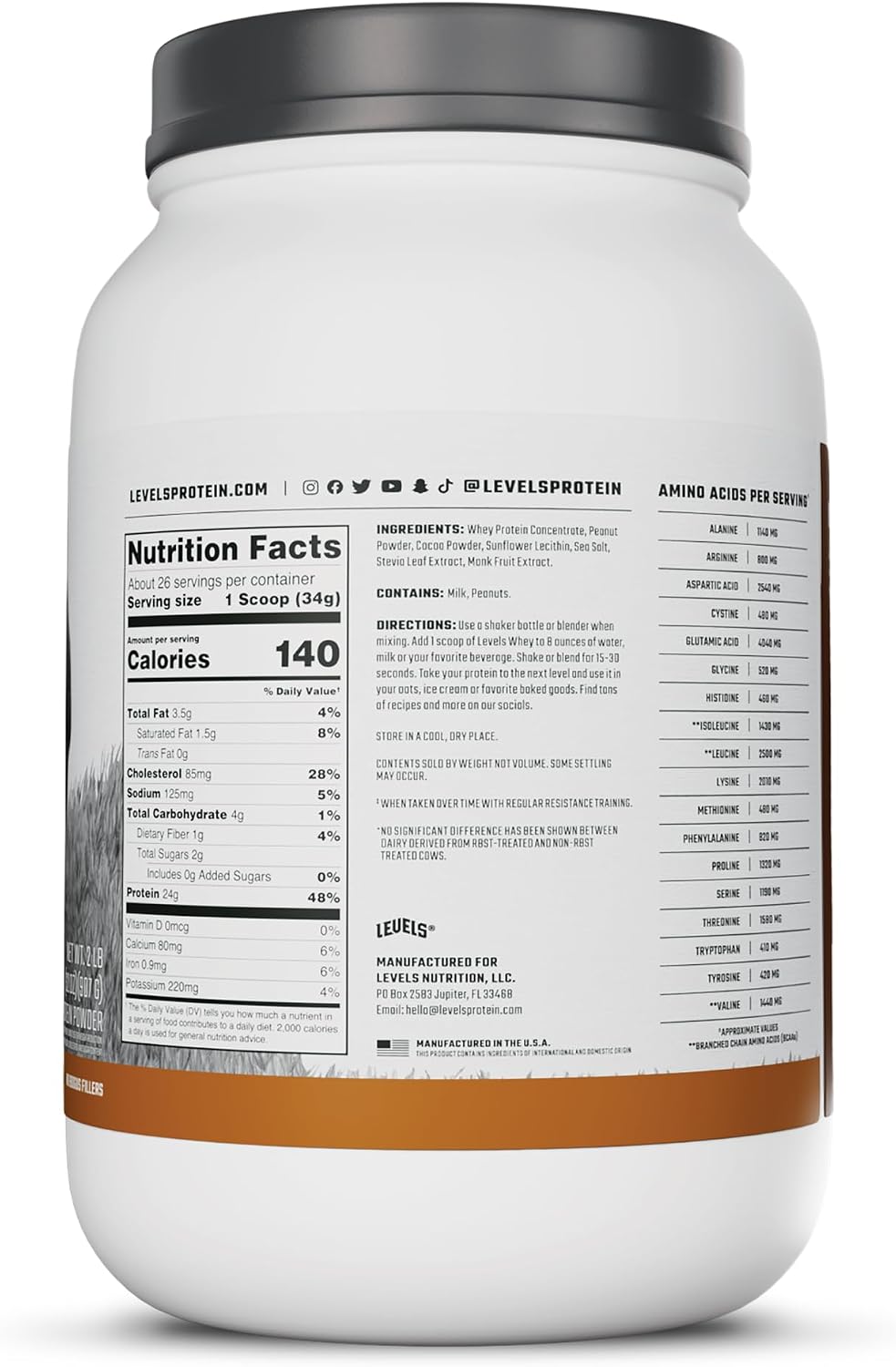 Levels Whey Protein Powder, No Artificial Ingredients, Pure Chocolate, 5LB | 24G of Protein, 5.4G BCAAs, Clean Ingredients, Hormone Free Dairy, No Fillers, No Added Sugar, No Junk