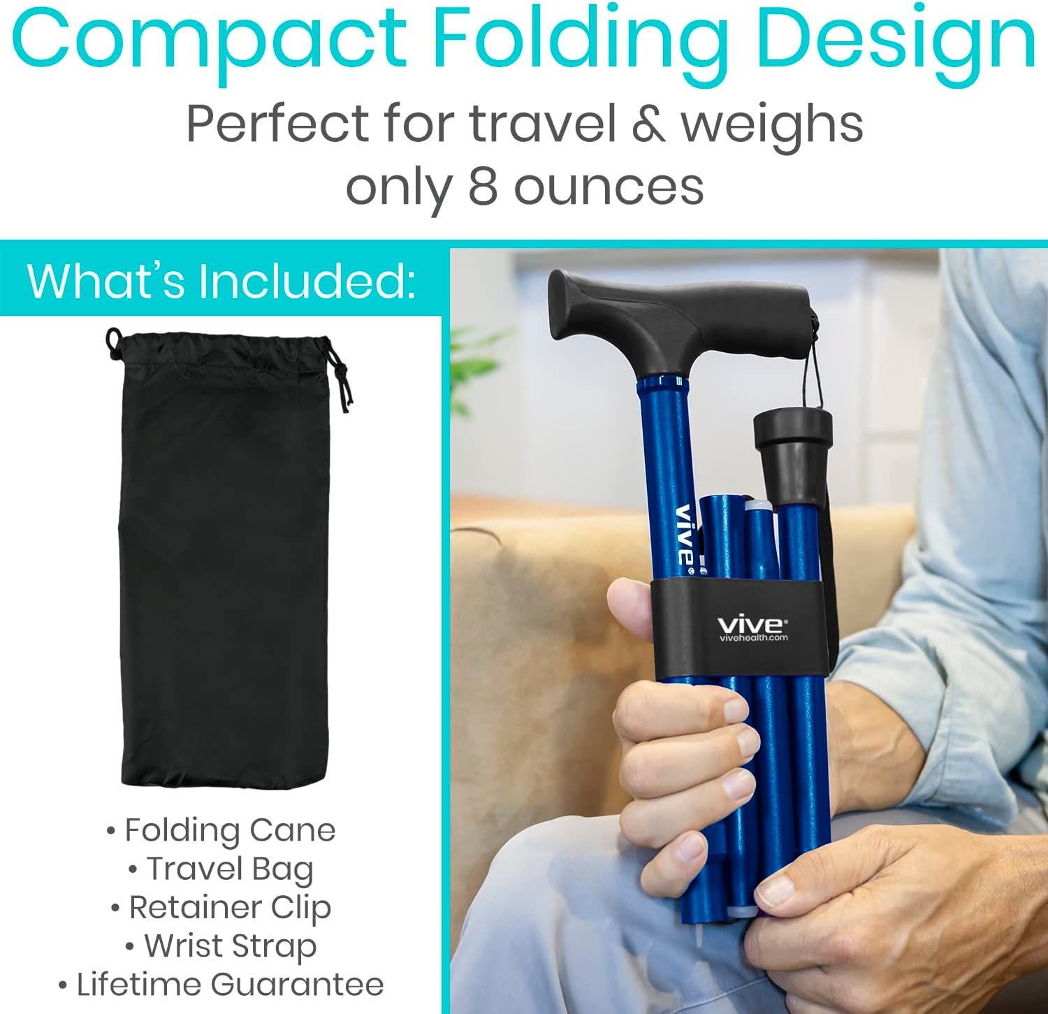 Vive Folding Cane - Foldable Walking Cane for Men, Women - Fold-up, Collapsible, Lightweight, Adjustable, Portable Hand Walking Stick - Balancing Mobility Aid - Sleek, Comfortable | Lightweight, Adjustable, Portable Hand Stick Balancing Mobility Aid Slee…