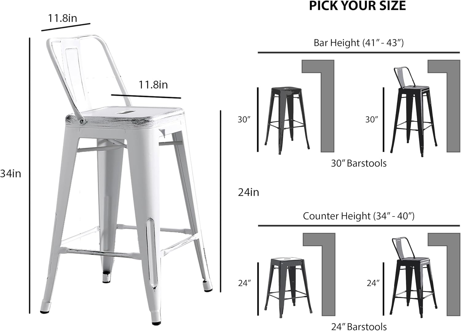 AC Pacific 30” Metal Barstool Set of 2 – Country Rustic Style with Low Back, Lightweight & Sturdy Build, Easy Assembly – Matte Black