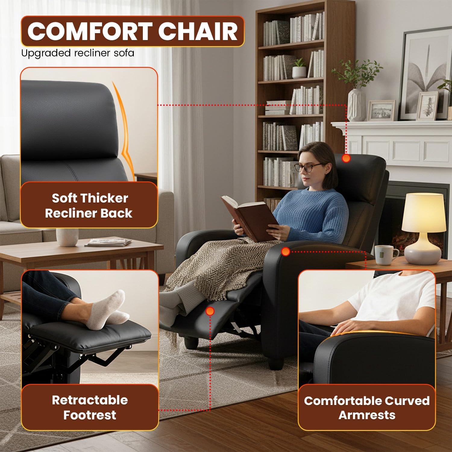FDW | Recliner Chair | with 2 Point Massage Function | Black, PU Leather
