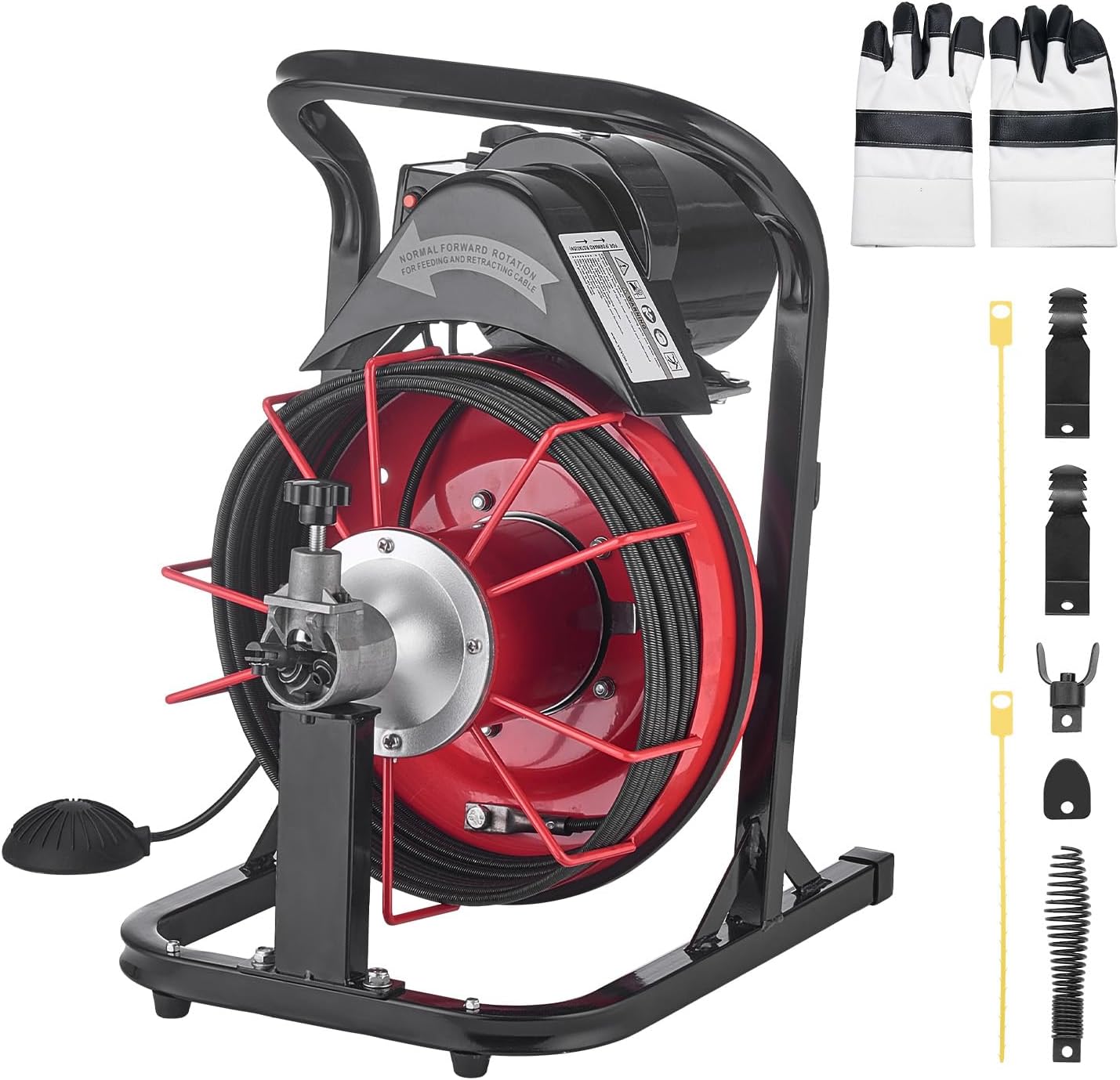 VEVOR Drain Cleaner Machine 75 FT x 3/8 Inch, Sewer Snake Auger Manual Feed with 4 Cutters & Air-activated Foot Switch for 2" to 4" Pipes