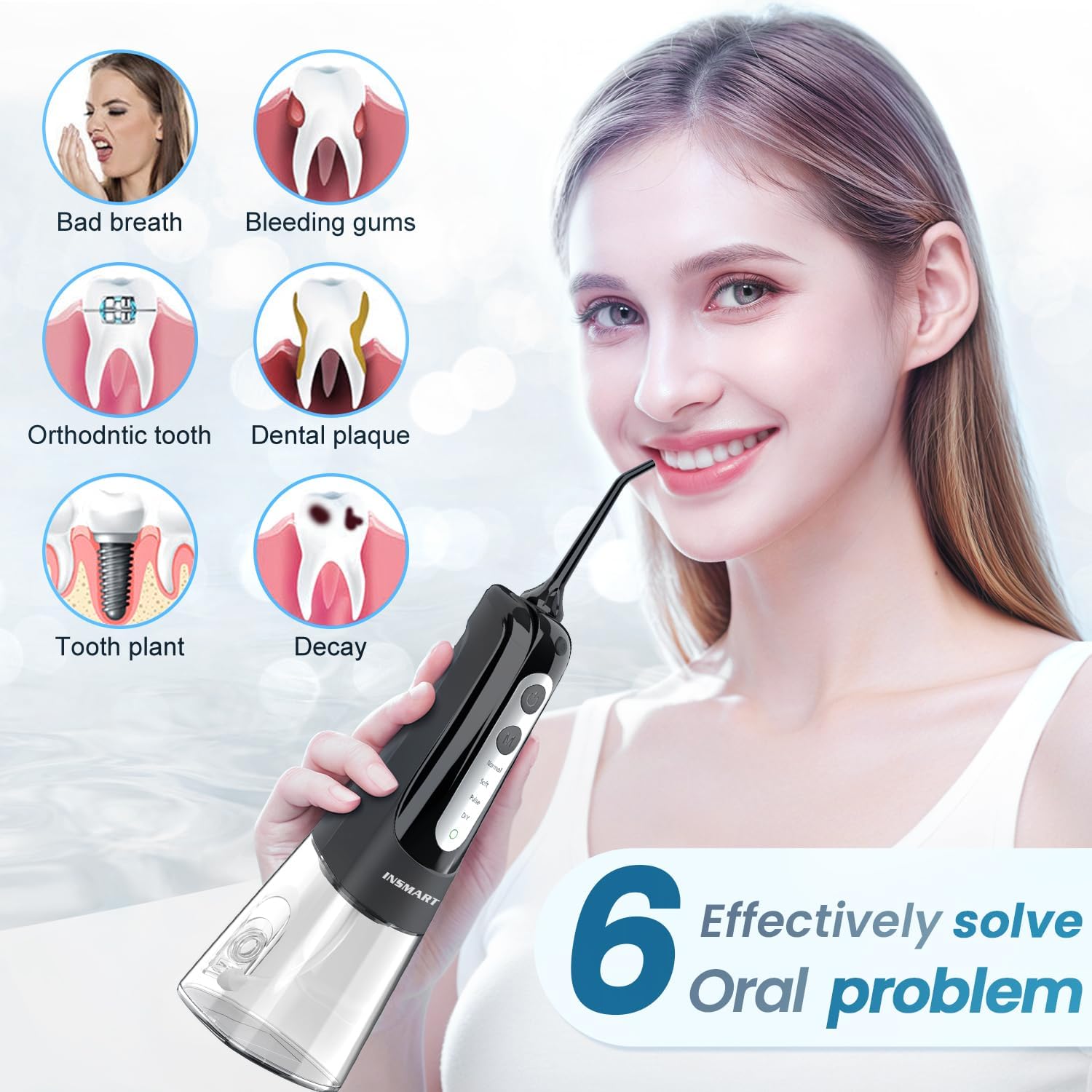 Cordless Water Dental Flosser Teeth Cleaner, INSMART Professional 300ML Tank DIY Mode USB Rechargeable Dental Oral Irrigator for Home and Travel