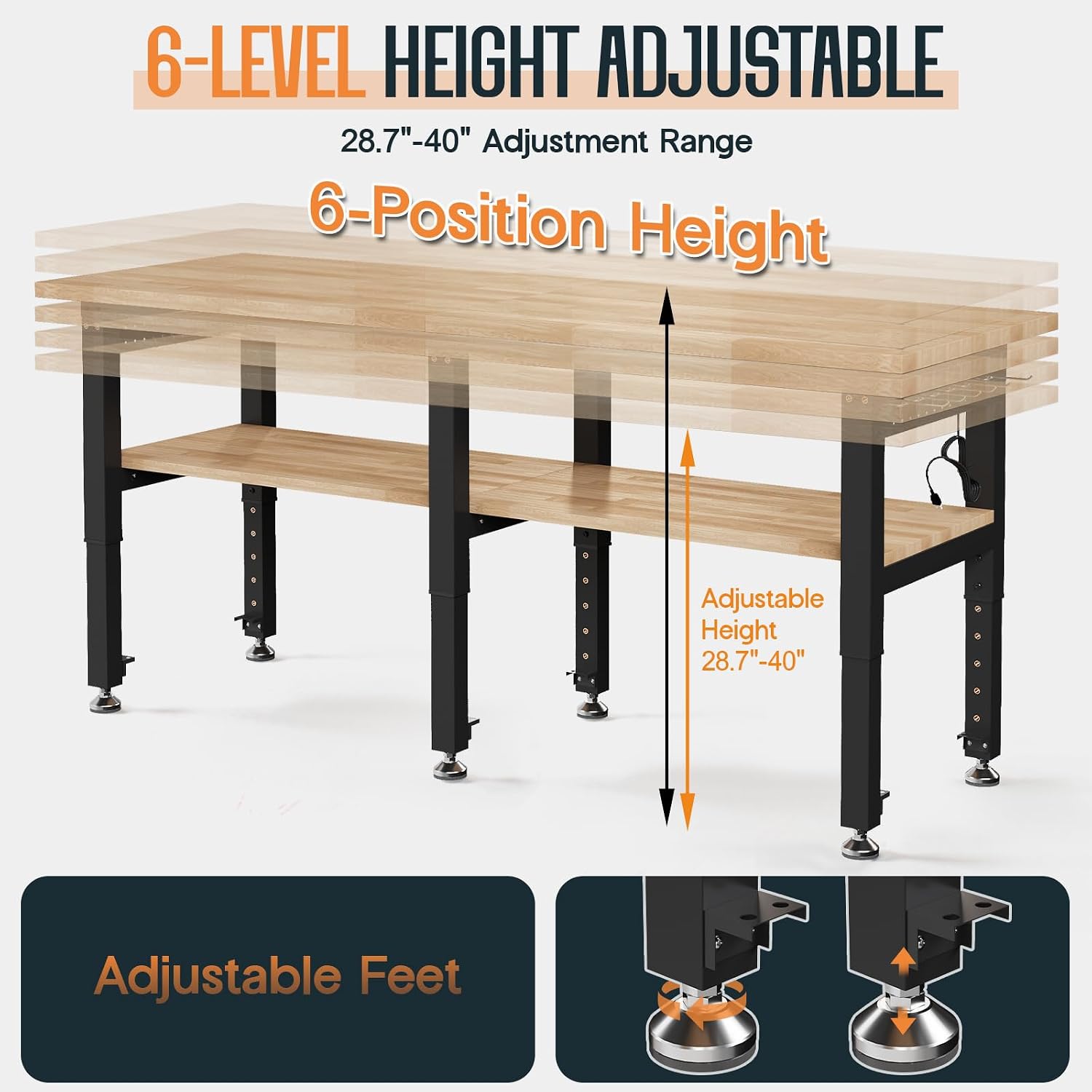 SPECRAFT Adjustable Black Heavy-Duty Workbench | 2000 Lbs Capacity, Rubber Wood Top, 4 AC Outlets and 2 USB Ports, for Garage, Workshop and Office