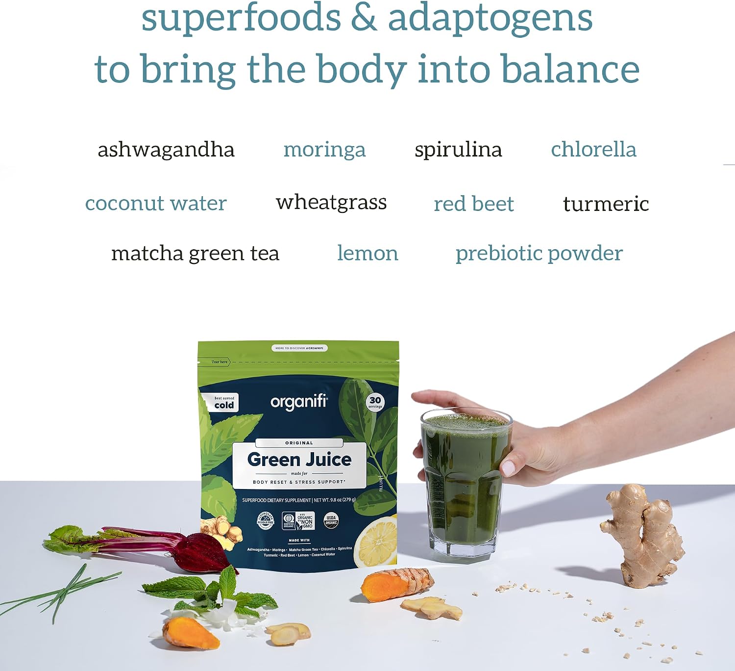 Organifi Green Juice - Powder Supplement with Organic Spirulina, Ashwagandha, and Chlorella - Helps Achieve Fitness Goals and Reduce Cortisol Levels, 30-Day Supply