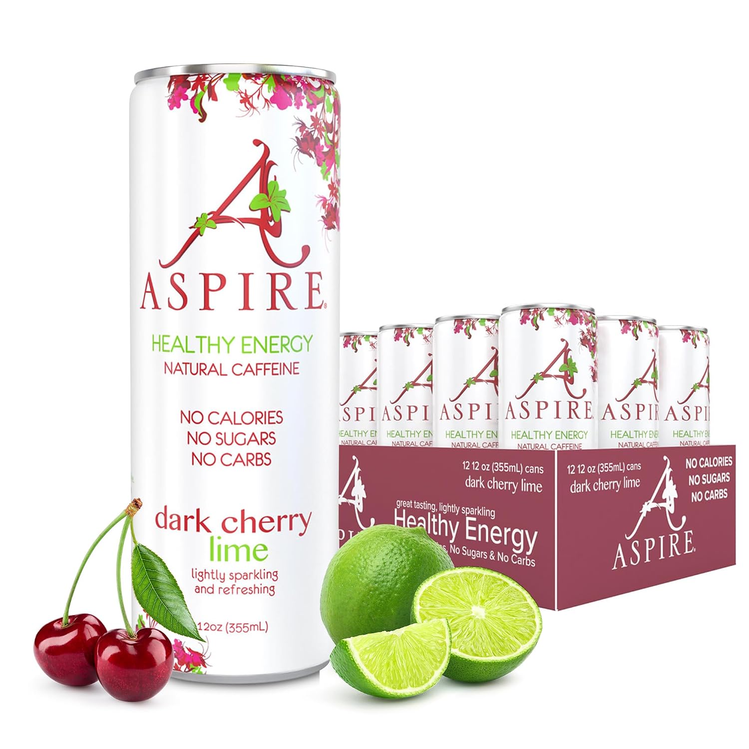 ASPIRE® Raspberry Acai, Healthy Energy Drink 80mg Natural Caffeine, Zero Sugar No Carbs Keto Friendly, 12 Pack Green Tea Sugar Free Drink Low Caffeine Zero Calorie