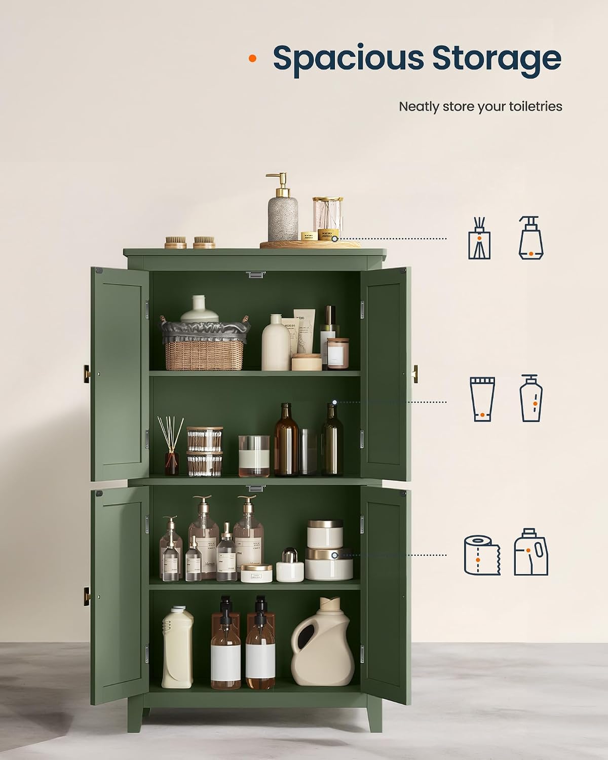 SONGMICS HOME Freestanding Storage Cabinet, Floor Cabinet with Elevated Legs, Metal Handles, for Living Room, Kitchen, Bathroom, Green