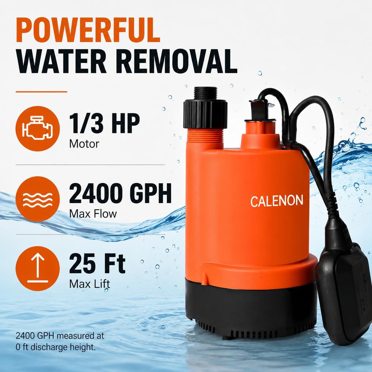1/3 HP Submersible Utility Pump, 2400 GPH, Auto Float Switch | Drains to 1/4 in., 3/4 in. GHT adapter included, For basements