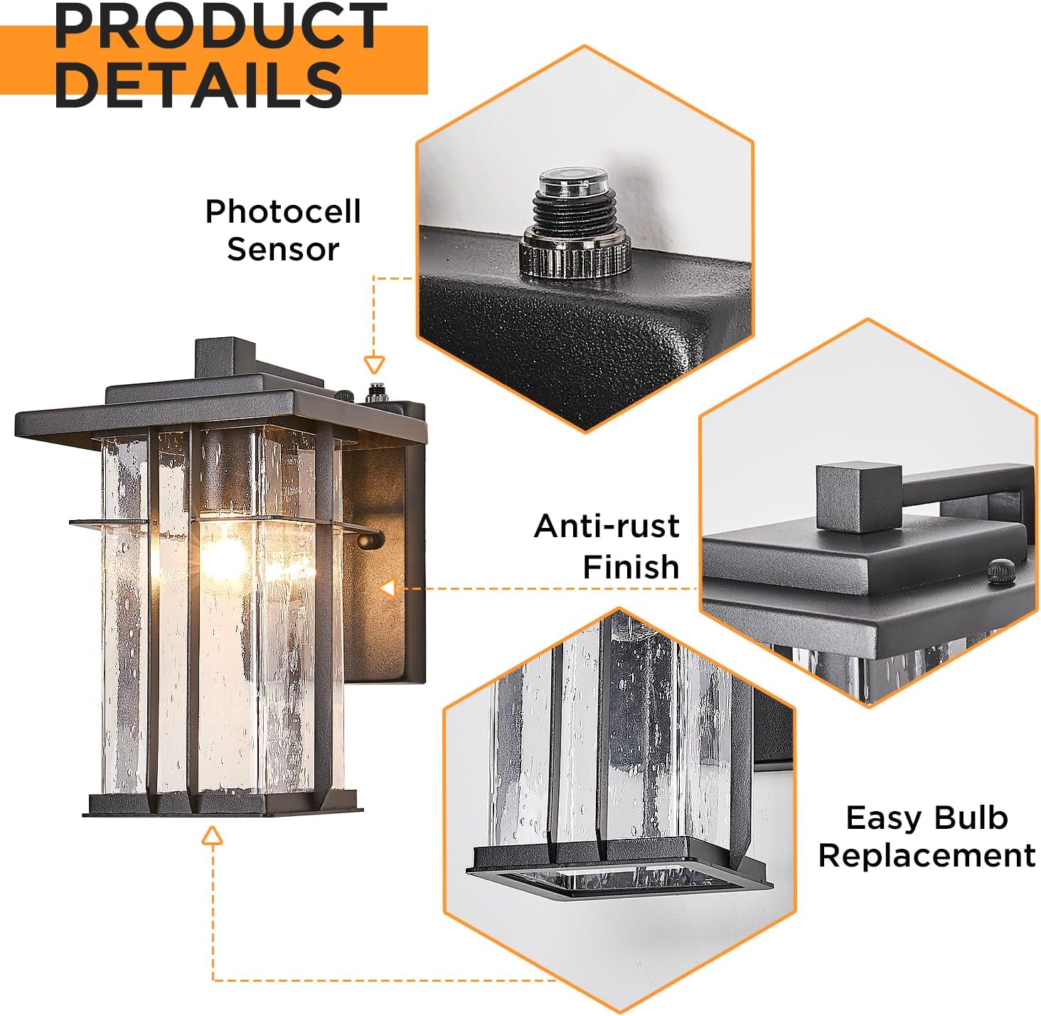 Rustic Dusk to Dawn Outdoor Wall Light Fixture 13.8"H Waterproof Exterior Wall Sconces Black Metal with Seeded Glass Sensor Outdoor Wall Lantern for