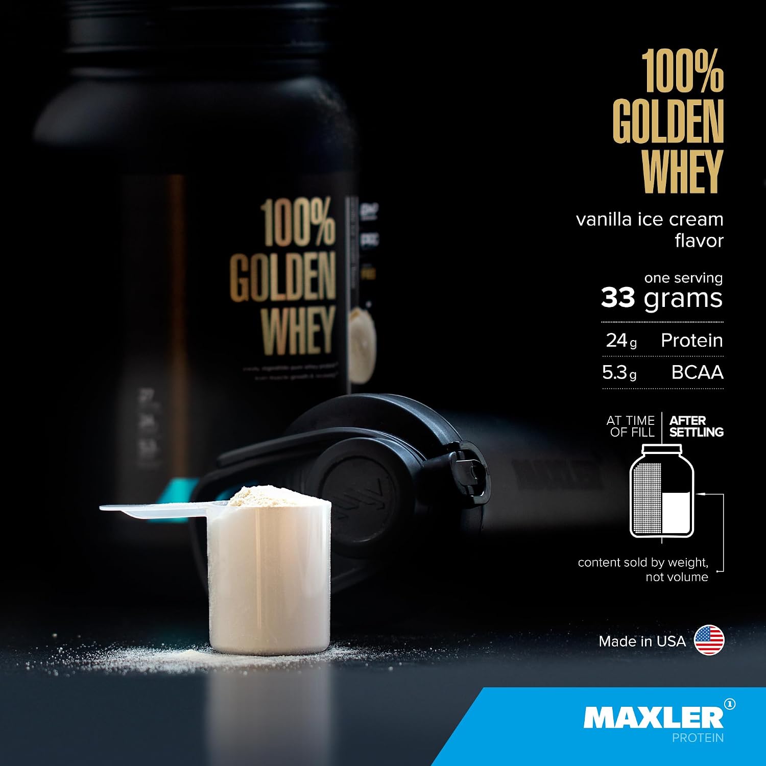 100% Golden Whey Protein - 24g of Protein per Serving - Whey Protein Powder for Pre Post Workout - Fast-Absorbing Whey Concentrate, Isolate & Hydrolysate Blend - Vanilla Ice Cream 2 lb