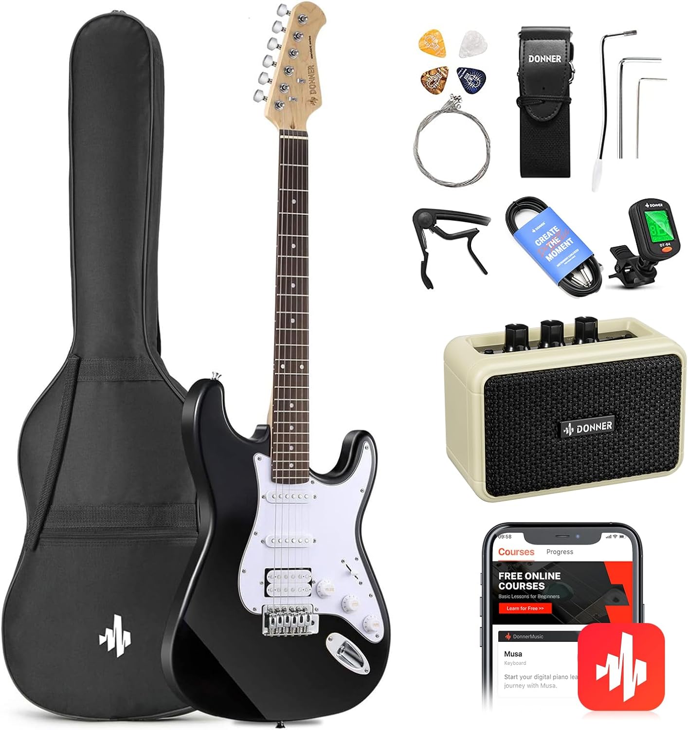 Donner 39-Inch Electric Guitar Starter Kit with Solid Body, HSS Pickup, Accessories, Amplifier, Lessons, and Digital Tuner - Red