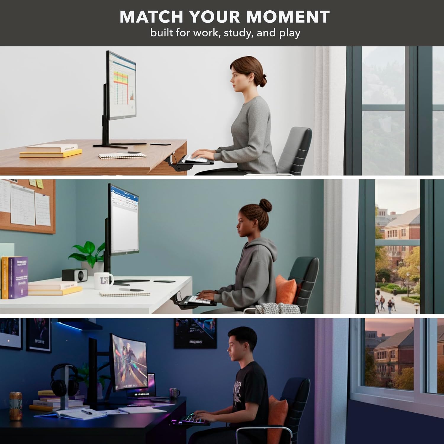 Mount-It! Under Desk Keyboard Tray, Adjustable Slide-Out Keyboard & Mouse Platform, 26.38" W × 10" D, Ergonomic Wrist Rest, Height Tilt & Swivel
