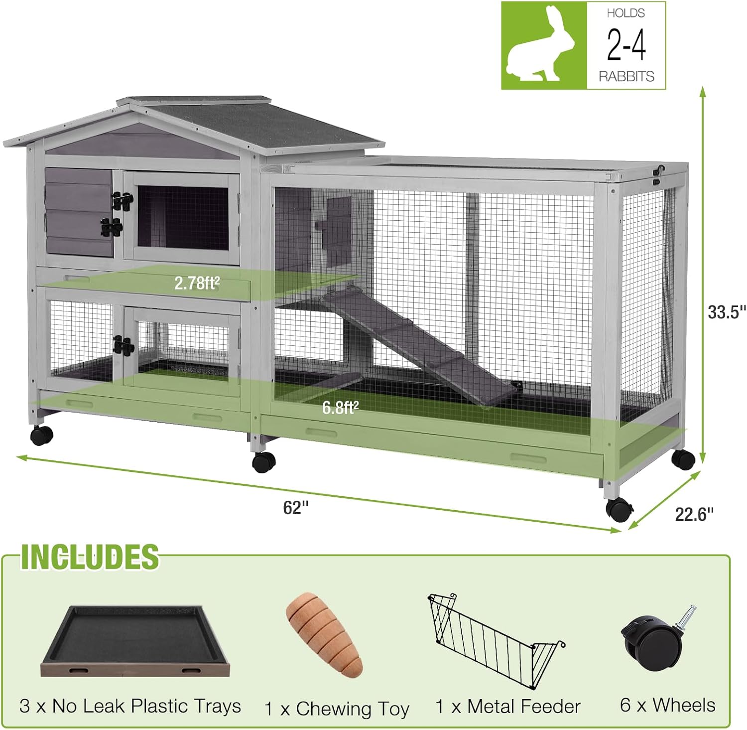 Indoor Rabbit Bunny Hutch Outdoor, Guinea Pig Cages with Removable Bottom Wire Netting - Easy Clean