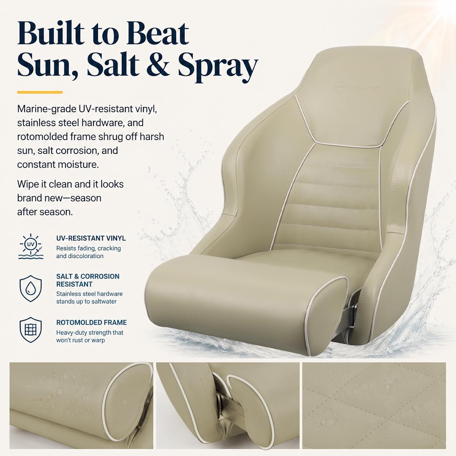 Seamander Boat Captains Chair,Captain Bucket Seat with Flip Up Bolster,Integral Rotomolded Frame, Premium EPDM Foam Material, Marine Grade Vinyl (A-White/Charcoal)