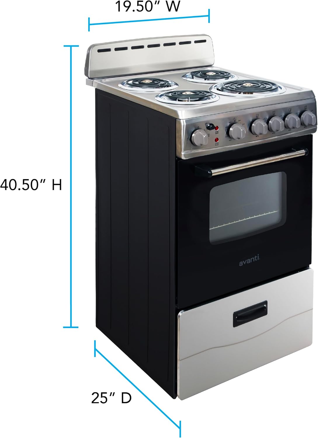 Avanti Electric Range Oven Compact Design, 2.1-Cu.Ft. Capacity with 4 Coil Burners, Framed Glass Oven Door, Storage Drawer and Broiler with Pan, 20-Inch, White
