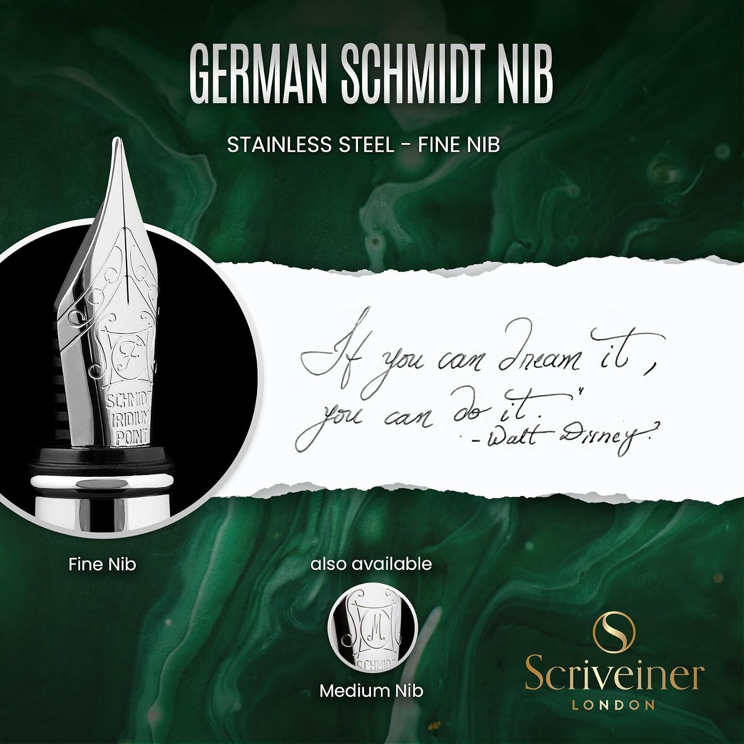 Scriveiner Silver Chrome Fountain Pen - Stunning Luxury Pen, Real Gold Finish Schmidt Gilded Nib (Medium), Best Pen Gift Set for Men & Women