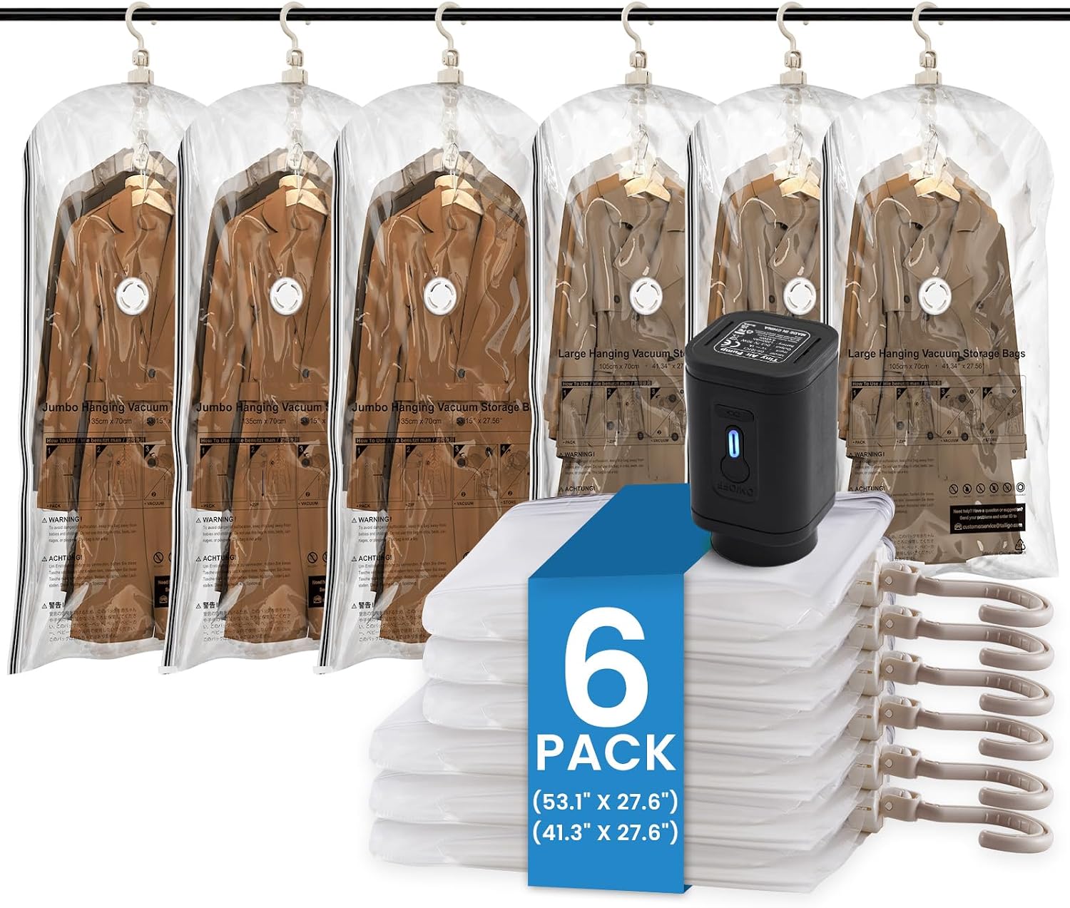 TAILI Hanging Vacuum Storage Bags, Space Save Vacuum seal bags for Clothing Travel, Suits and Jackets, Winter Coat Storage Closet Organizers, Set of 4 (2 Long, 2 Short), Clear