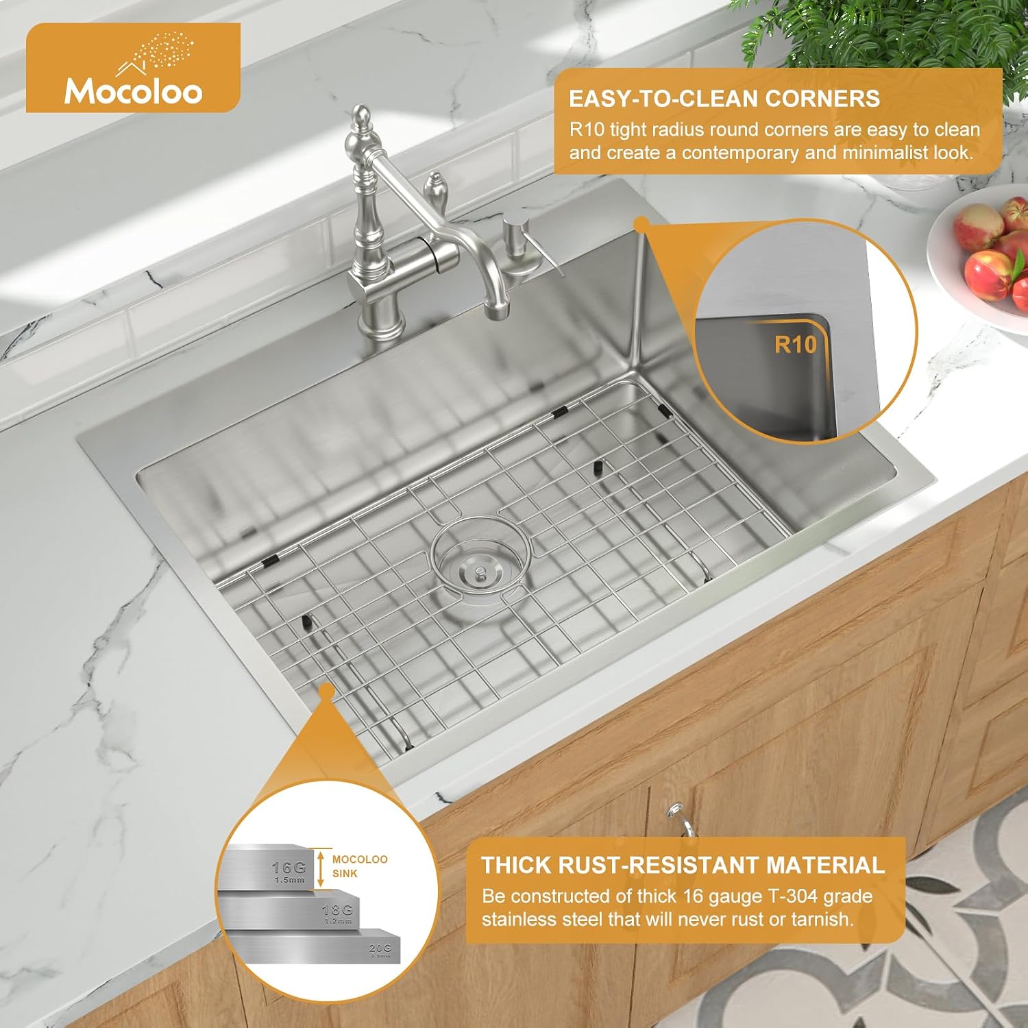 Mocoloo 13 Inch Drop in Bar Sink - 13" x 15" Small Kitchen Sink T304 Stainless Steel Handmade Single Bowl Round Corner Topmount Wet Bar Sink for