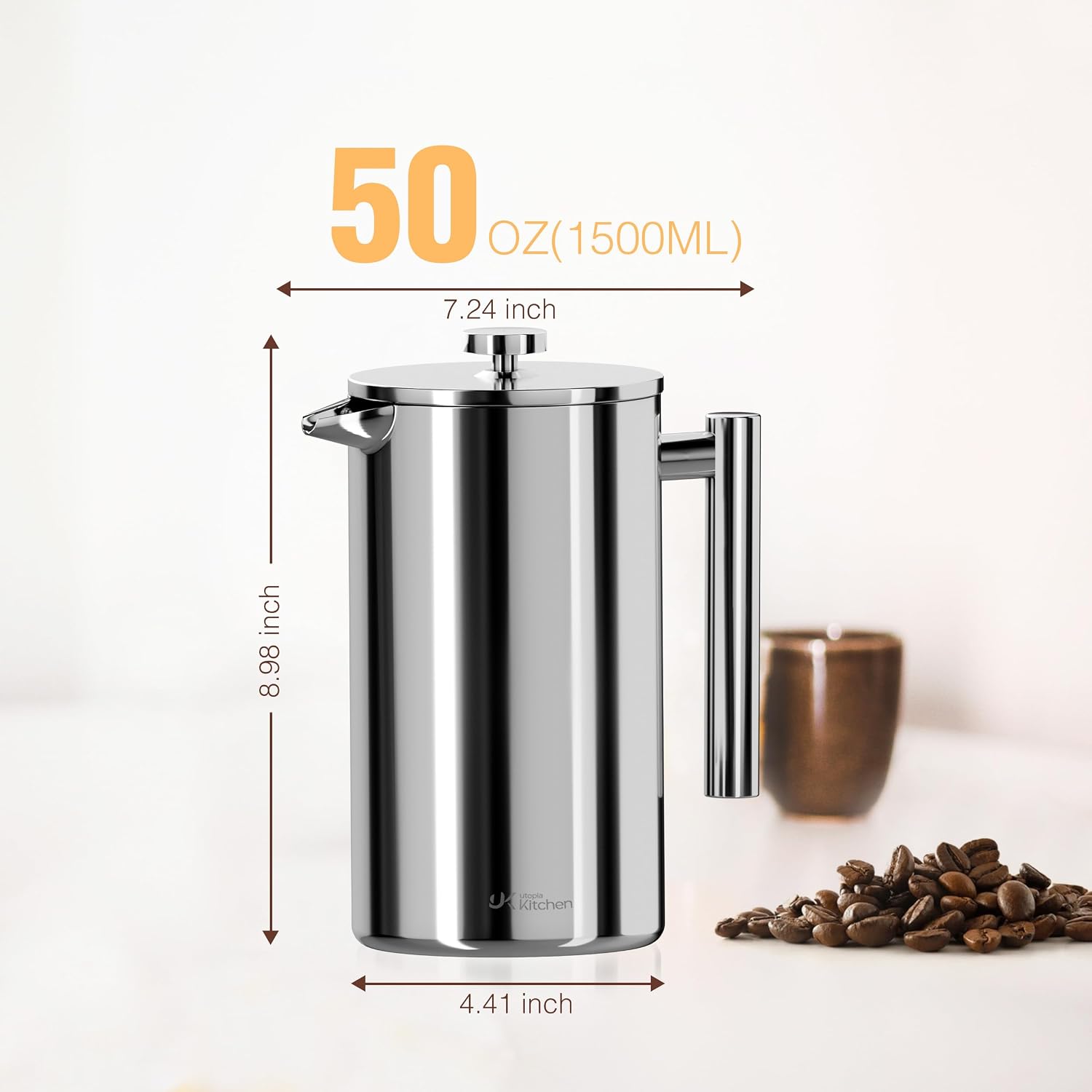 Utopia Kitchen 304 Grade Stainless Steel French Press 34 Oz, Silver | Double Wall Insulated Coffee Press with 4-Level Filtration System, Include 2 Extra Filters, Rust-Free, Dishwasher Safe